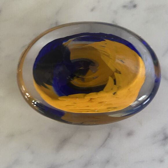 Egermann Czech Paper Weight Hand Blown Crystal Magic Stone Blue & Yellow - Picture 2 of 6
